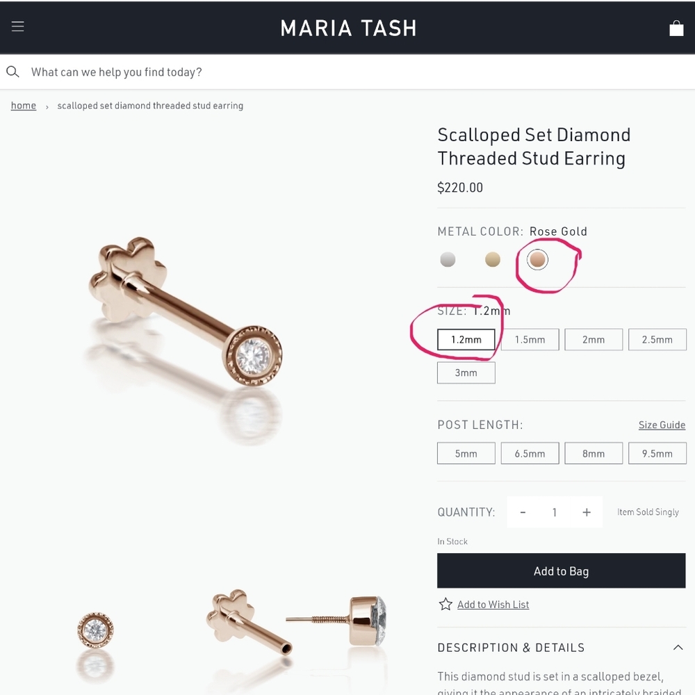ISO: Maria tash 1.2 scalloped threaded stud, rose gold